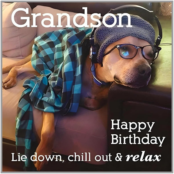 Funny Paper Rose grandson birthday card featuring a relaxed, chill design with playful illustrations and cheerful colors.