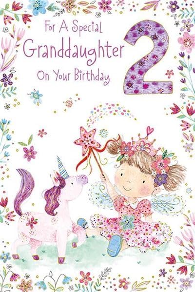 Paper Rose granddaughter 2nd birthday card featuring a fairy girl and unicorn, with colorful, whimsical design for age 2 celebration.