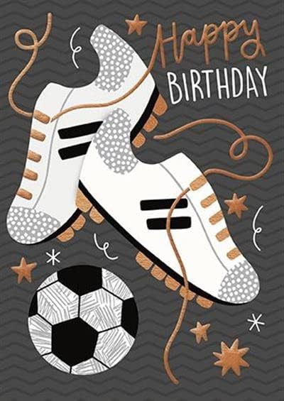 Paper Rose male birthday card featuring football boots with gold foil, eco-friendly and recyclable, made in England.