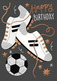 Paper Rose male birthday card featuring football boots with gold foil, eco-friendly and recyclable, made in England.