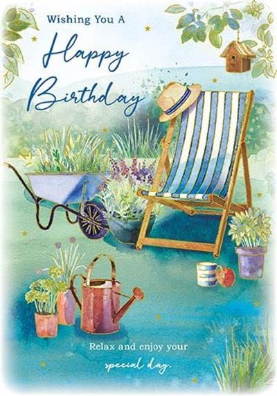 Paper Rose birthday card for men featuring a deckchair in a sunny garden with gold foil finish and eco-friendly recyclable design.