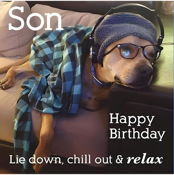 Paper Rose 'Son' birthday greeting card featuring a dog in glasses, shirt, and headphones listening to music from The Funny Animals range