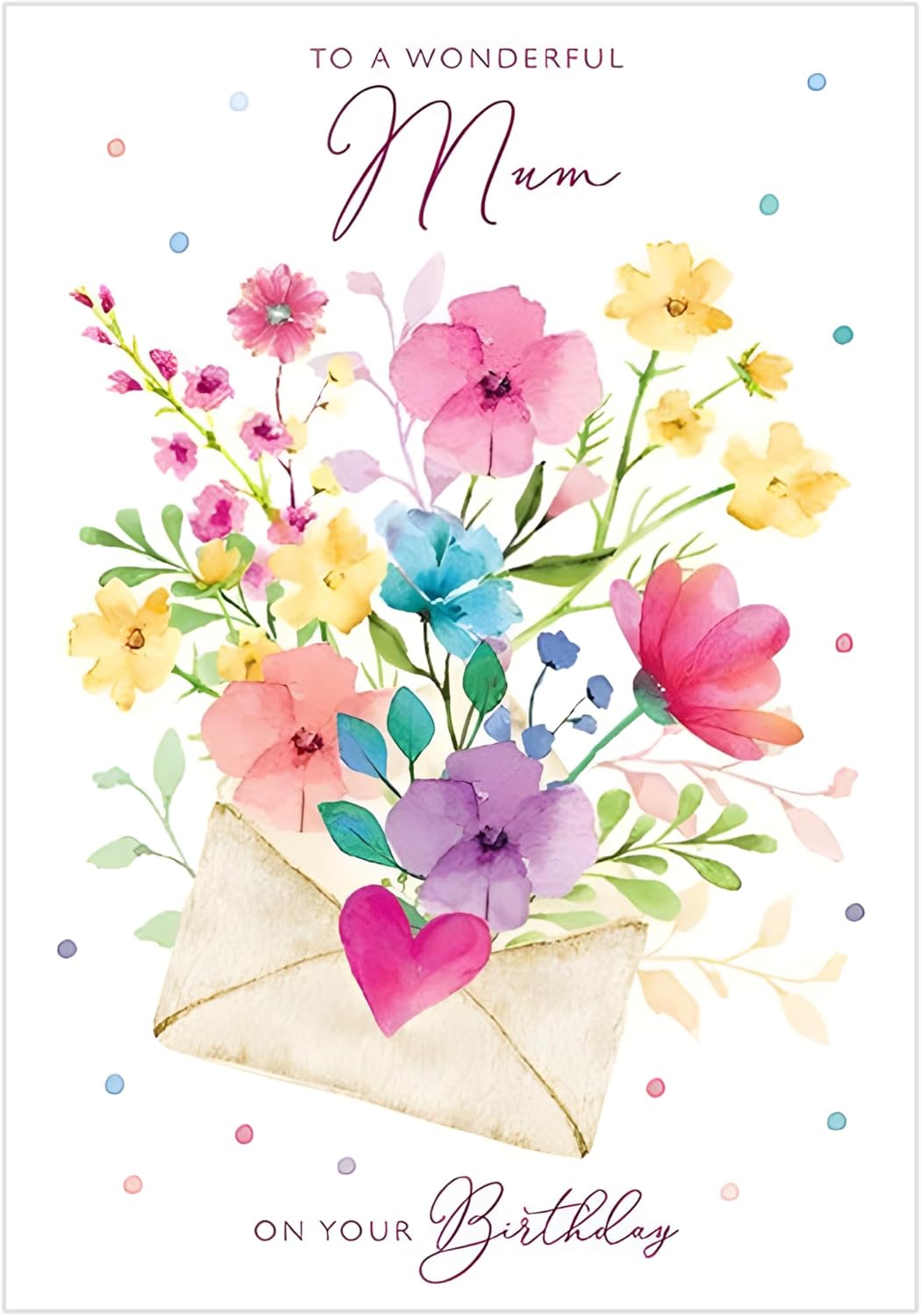 Paper Rose Wonderful Mum birthday card featuring floral envelope, pink heart with multicolored foil, eco-friendly and recyclable.