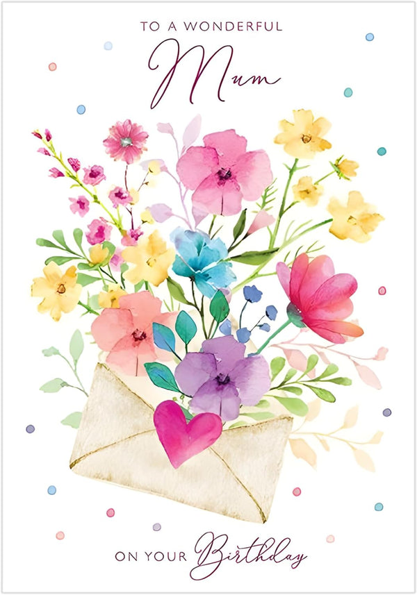 Paper Rose Wonderful Mum birthday card featuring floral envelope, pink heart with multicolored foil, eco-friendly and recyclable.