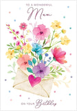 Paper Rose Wonderful Mum birthday card featuring floral envelope, pink heart with multicolored foil, eco-friendly and recyclable.