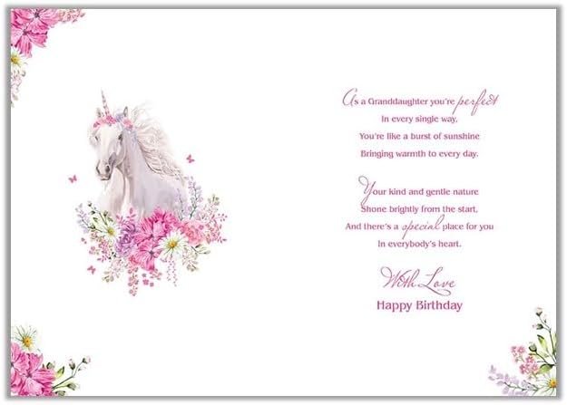 Colorful unicorn birthday card for granddaughter featuring whimsical design and floral accents by Paper Rose.