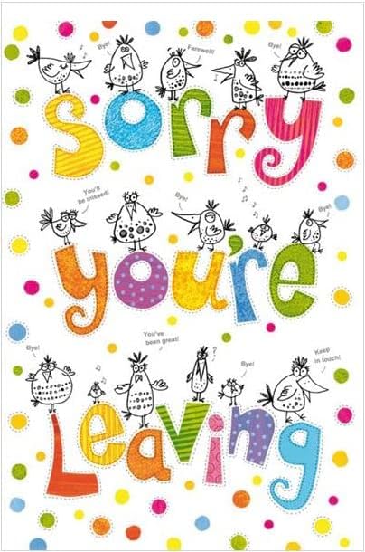 Large black and white "Sorry You're Leaving" card featuring cute cartoon birds saying farewell by Paper Rose.