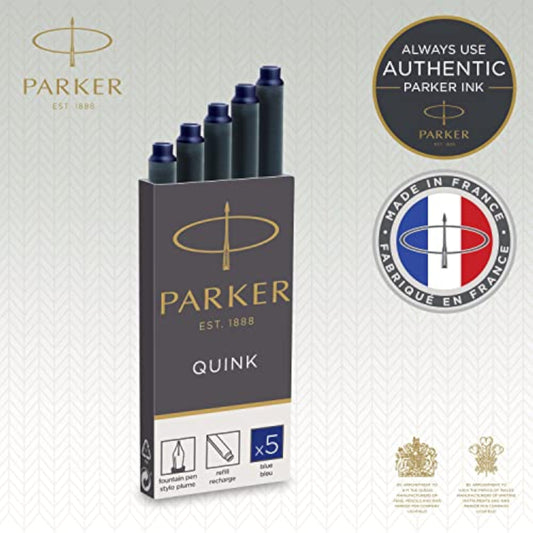 Parker fountain pen ink refill cartridges in blue ink, long size, 5-pack, designed for Parker pens, with colorful greeting card background.