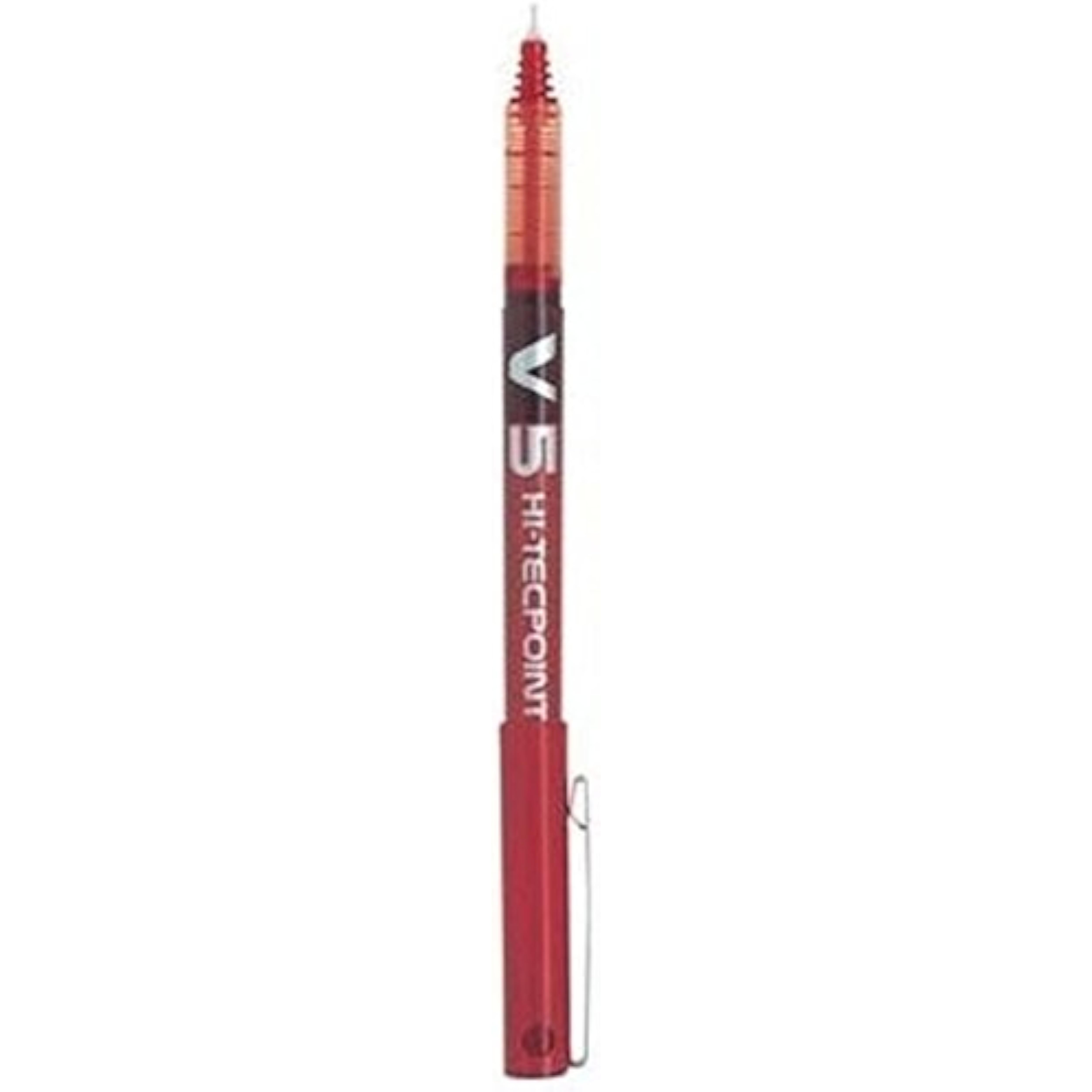 Red Pilot V5 Liquid Ink Rollerball pen with 0.5 mm tip, shown with the pen tip and body visible.