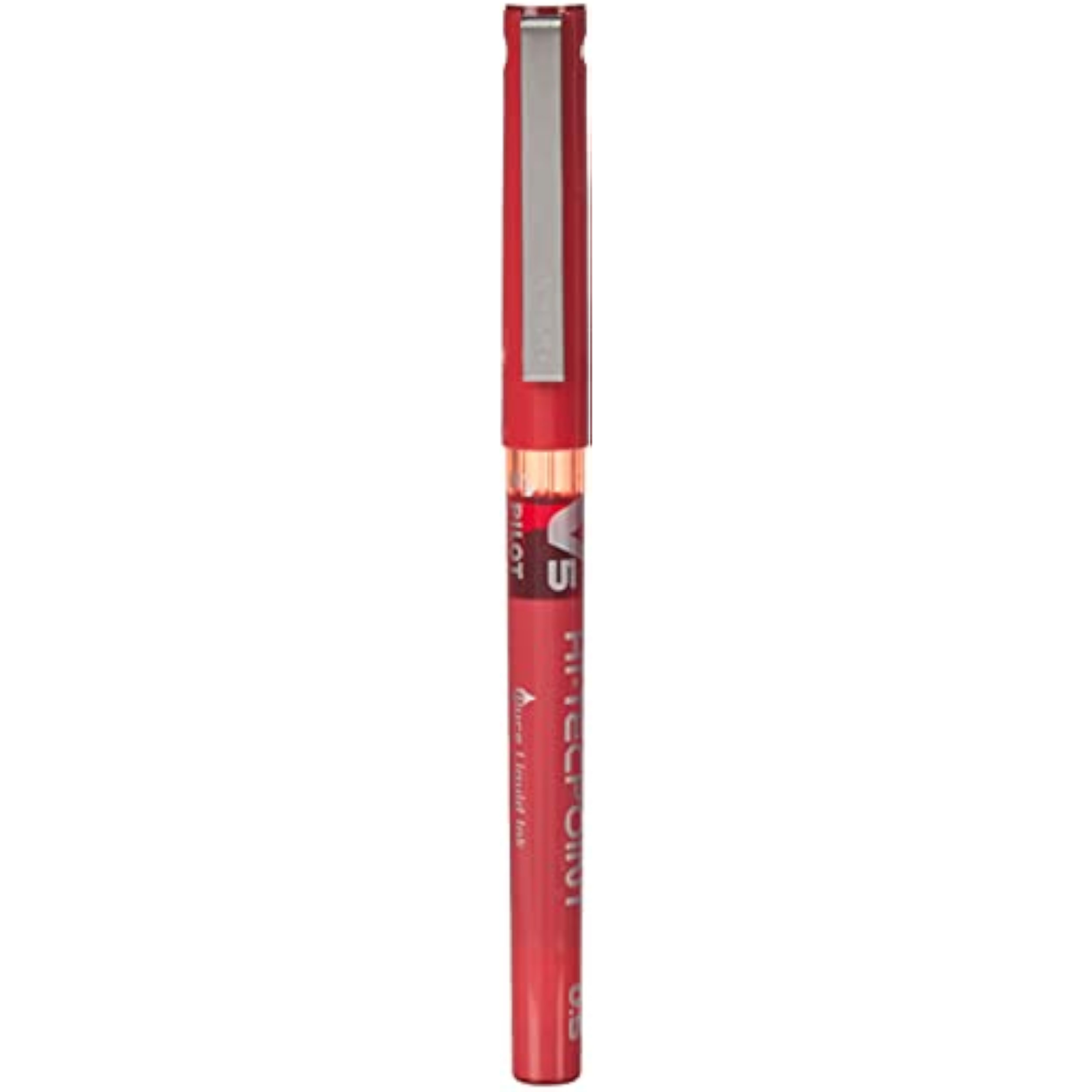 Pilot V5 Liquid Ink Rollerball pen with 0.5mm tip in red, featuring a sleek design and visible ink refill on the pen.