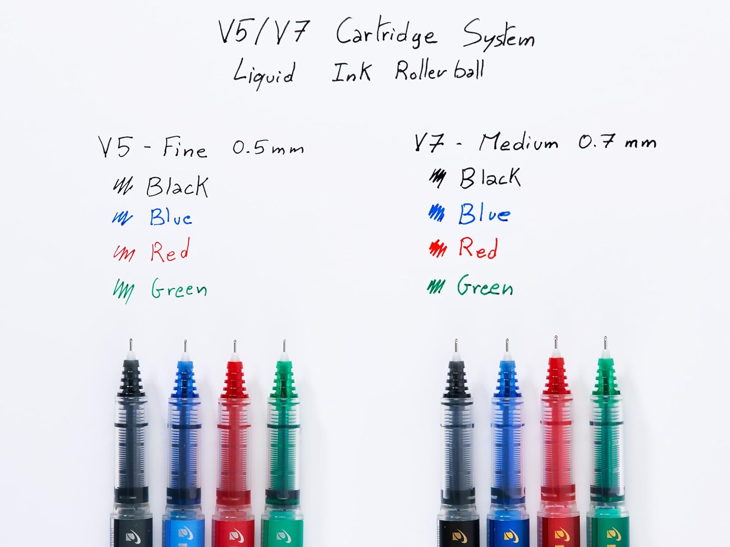 Pilot V7 liquid ink rollerball pen with 0.7mm tip in black, shown with sleek design and smooth ink flow.