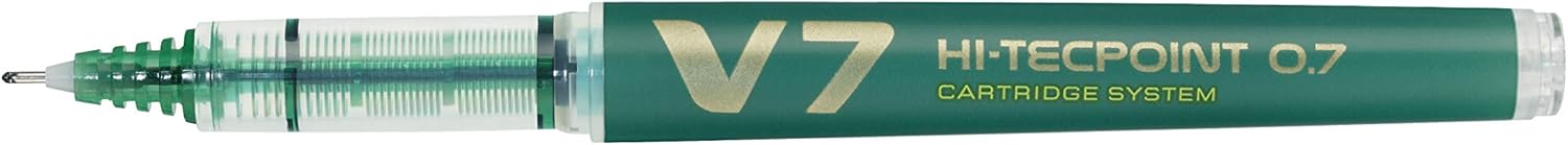 Pilot V7 Liquid Ink Rollerball pen with 0.7 mm tip in green, shown with the pen tip and ink flow visible.