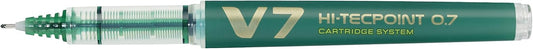 Pilot V7 Liquid Ink Rollerball pen with 0.7 mm tip in green, shown with the pen tip and ink flow visible.