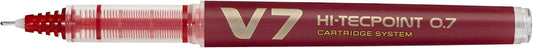 Red Pilot V7 Liquid Ink Rollerball pen with 0.7 mm tip, shown with ink visible through transparent barrel.