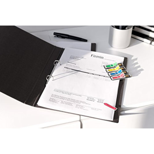 Post-it Index Arrows in bright blue, green, pink, and yellow, 12 x 43 mm, pack of 96, repositionable for organization.