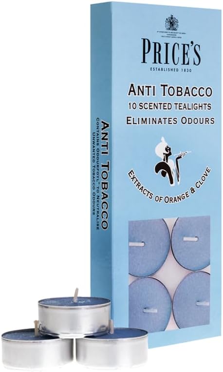Set of 10 Price's Candle anti-tobacco tealights in small, round containers, ideal for creating a smoky scent ambiance.