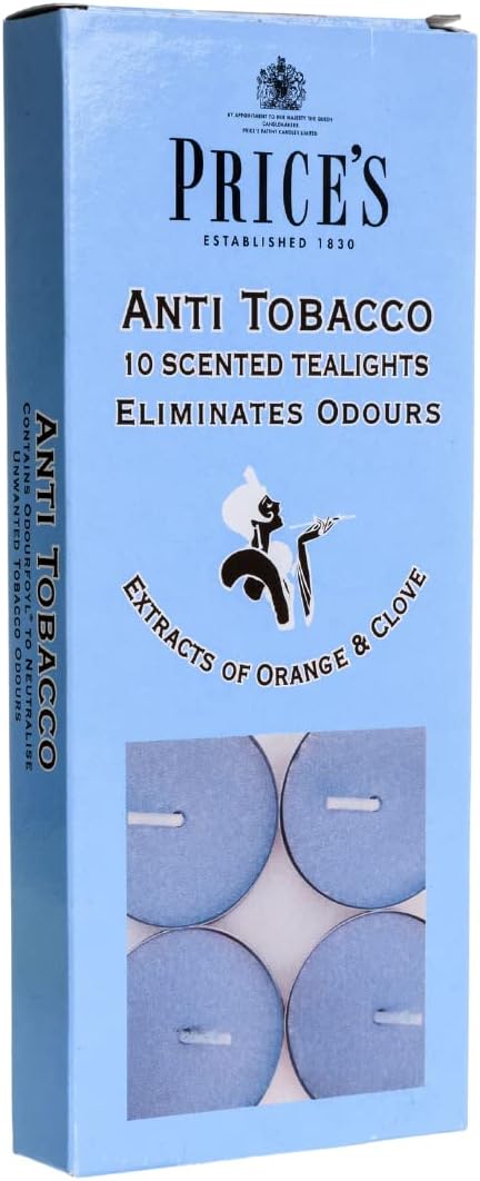 Set of 10 Price's Candle anti-tobacco tealights with unburned wax and metal holders, perfect for subtle, fragrant lighting.