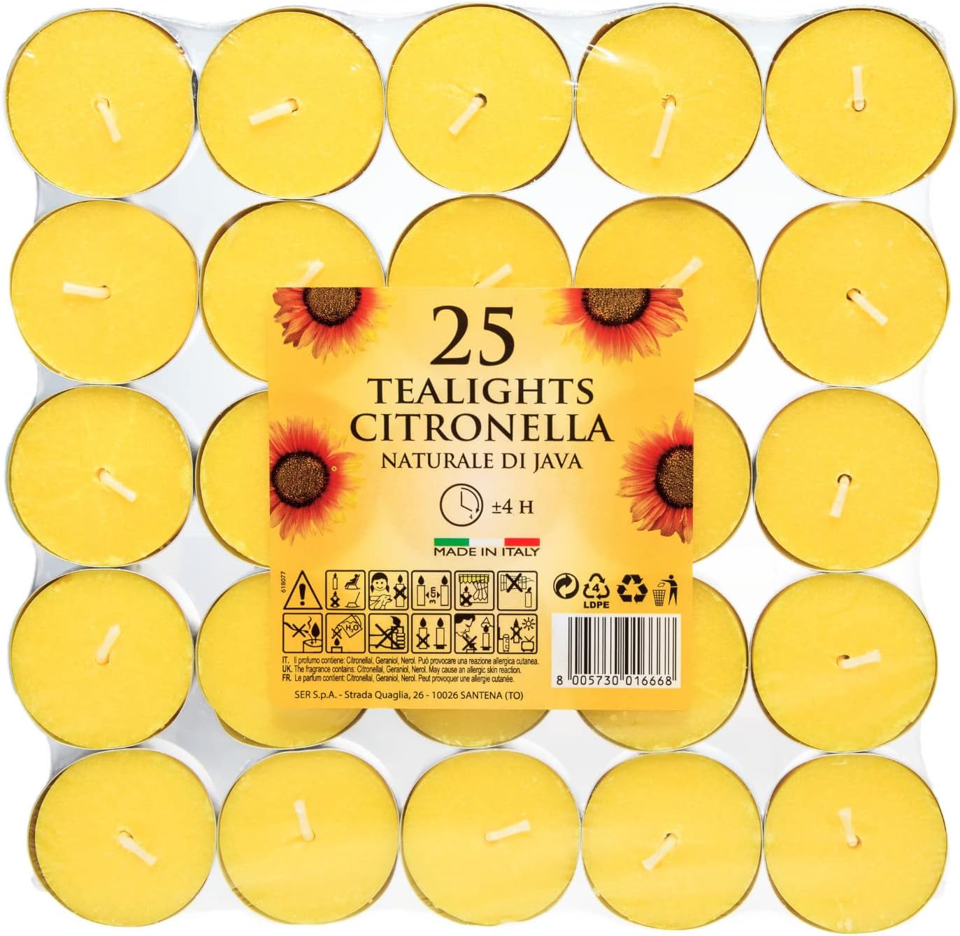 Citronella tealights from Price's Candle, set of 25, with small, round candles ideal for outdoor lighting and mosquito repellent.