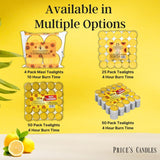 Set of 25 Price's Candle citronella tealights in small metal holders for outdoor pest repellent and ambient lighting.