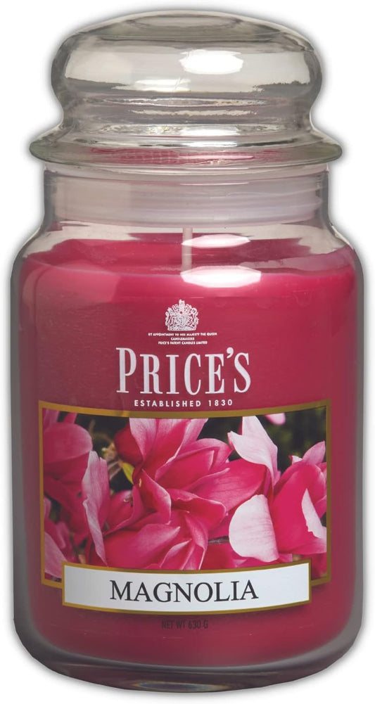 Large Magnolia scented jar candle by Price's Candle, featuring a decorative glass jar with a blooming magnolia flower design.