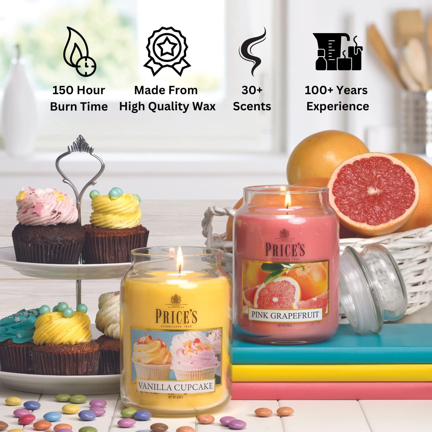 Large Magnolia jar candle by Price's Candle, showcasing a glass container with a magnolia floral design and a lit wick.