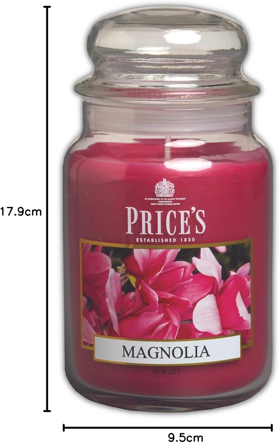 Large Magnolia scented candle jar by Price's Candle with a decorative glass container and floral label design.