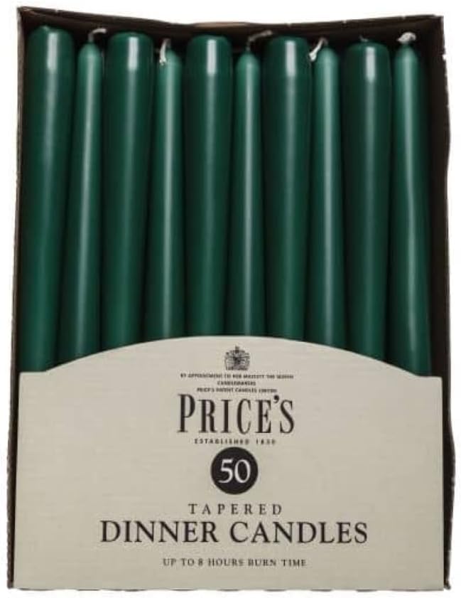 Unwrapped tapered dinner candles in evergreen color, 50-pack from Price's Candle, showing smooth, tapered wax candle sticks.