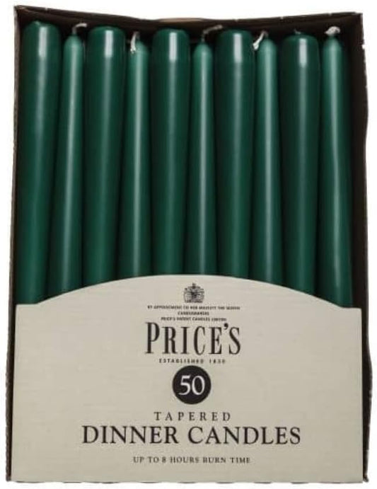 Unwrapped tapered dinner candles in evergreen color, 50-pack from Price's Candle, showing smooth, tapered wax candle sticks.