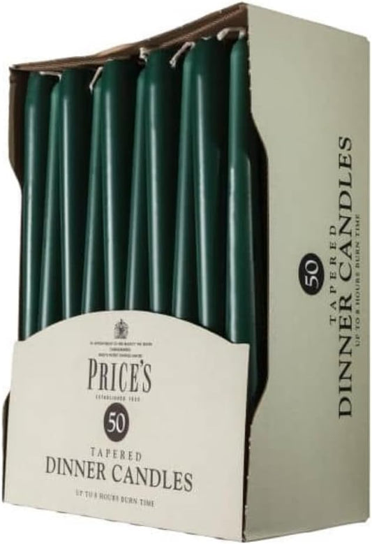 Unwrapped tapered dinner candles in a pack of 50, evergreen color, by Price's Candle, displayed in a close-up image.