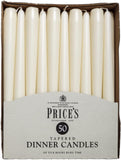 Unwrapped ivory tapered dinner candles from Price's Candle in a 50-pack, perfect for elegant table settings.