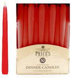 Unwrapped red tapered dinner candles from Price's Candle, 50-pack, with smooth, tapered design suitable for elegant table settings.