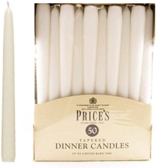 Unwrapped white tapered dinner candles in a 50-pack from Price's Candle, displayed in a neat pile.