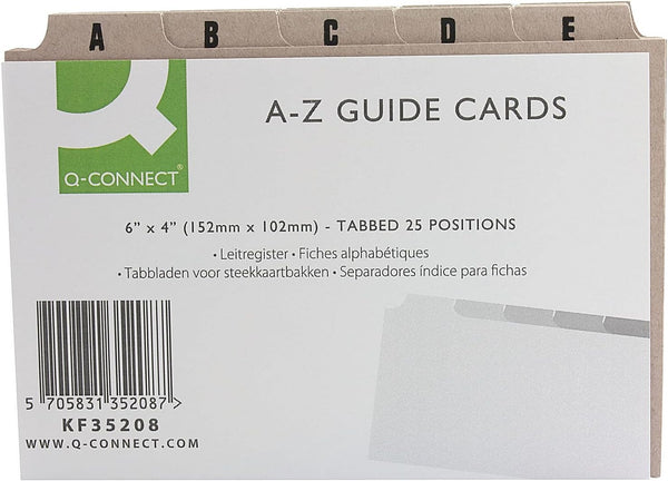 Set of 25 Q-Connect 6x4 inch buff guide cards featuring A-Z index for organized stationery and note-taking.