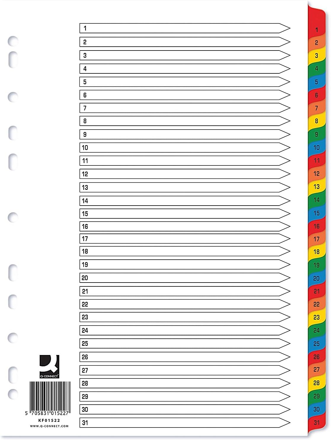 A4 white multi-punched reinforced index tabs numbered 1-31 for organization and filing, branded Q-Connect stationery.
