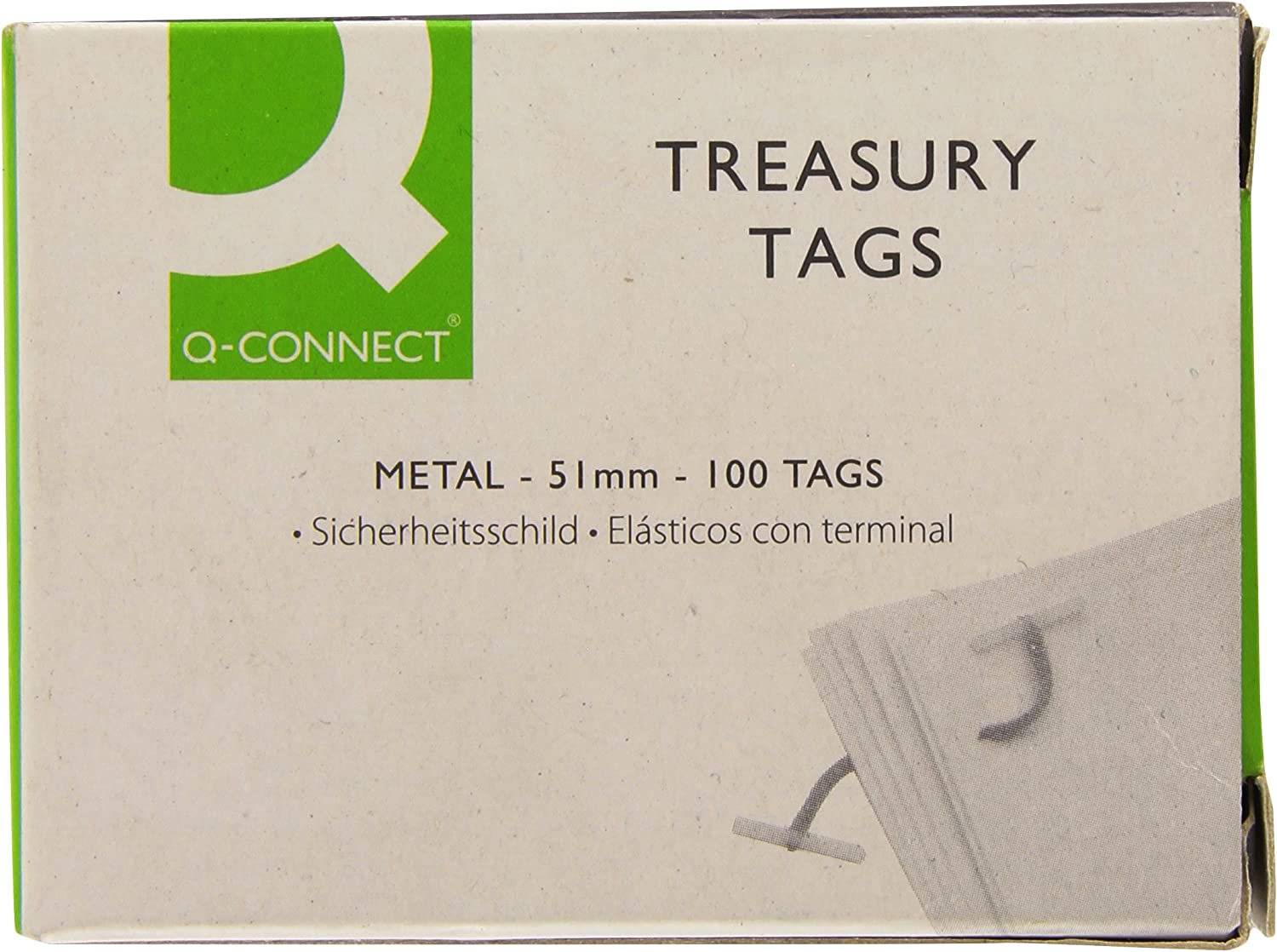 Pack of 100 Q-Connect 51mm metal treasury tags for stationery, showing metal tags with holes for tagging and organization.