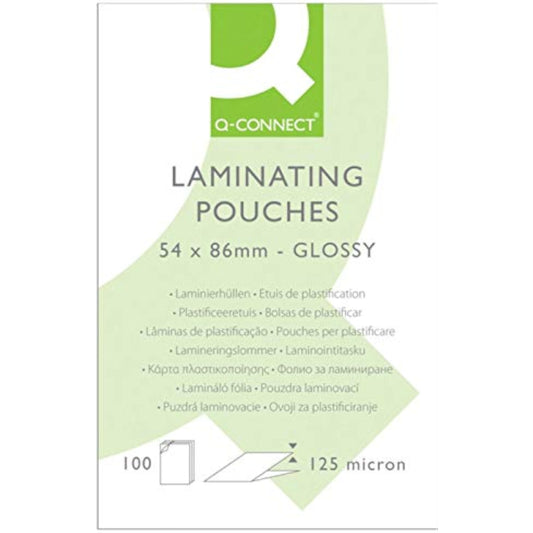 Pack of 100 Q-Connect laminating pouches, 54x86mm, 250 micron thickness, used for stationery laminating projects.