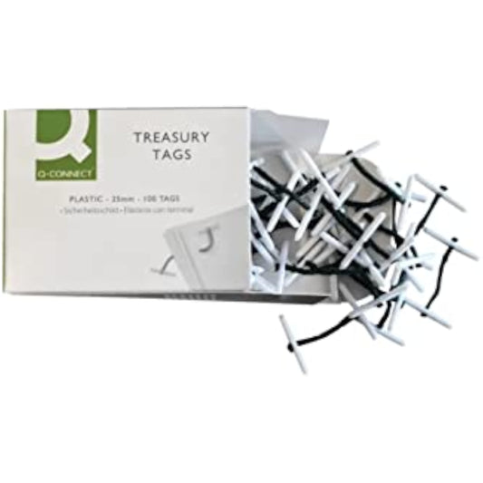 Q-Connect plastic-ended treasury tags, 25mm length, in a pack of 100, used for binding papers and organizing documents.