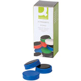Set of 10 blue 25mm round magnets for stationery use, featuring the Q-Connect brand logo on each magnet.