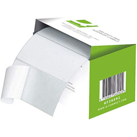 Q-Connect self-adhesive white address labels on a roll, 89x36mm, with 200 labels for stationery use.