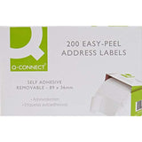Q-Connect self-adhesive white address labels on a roll, 89x36mm, with 200 labels for stationery use.