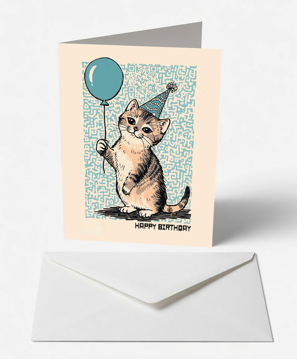Playful Kitten & Balloon Birthday Card