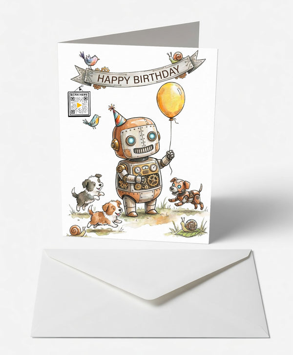 Retro Robot & Pups Birthday Card