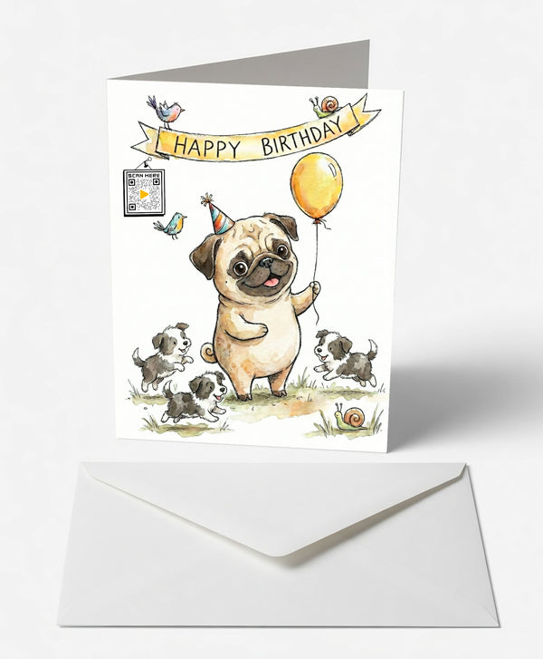 Playful Pug & Pups Birthday Card