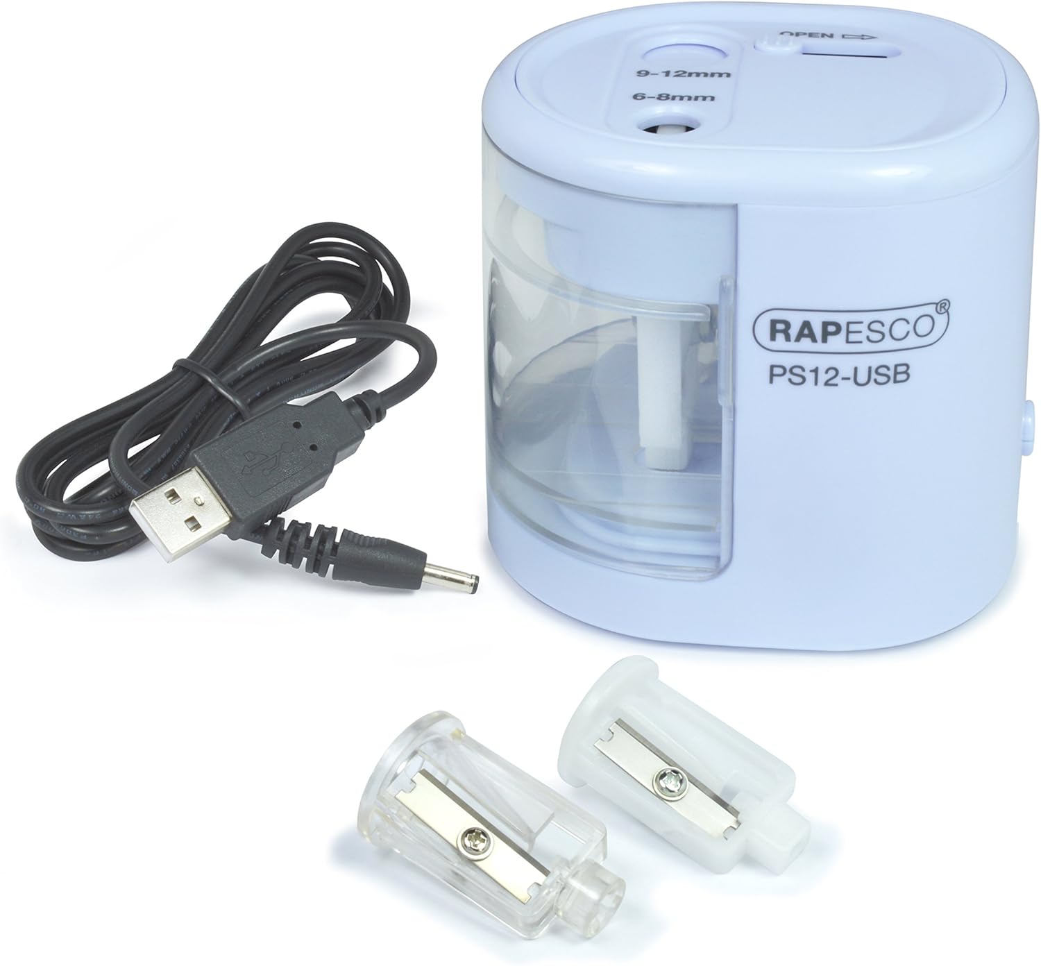 Rapesco 1447 PS12-USB electric pencil sharpener in blue with USB charging port and battery option, sleek and compact design.