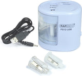 Rapesco 1447 PS12-USB electric pencil sharpener in blue with USB charging port and battery option, sleek and compact design.