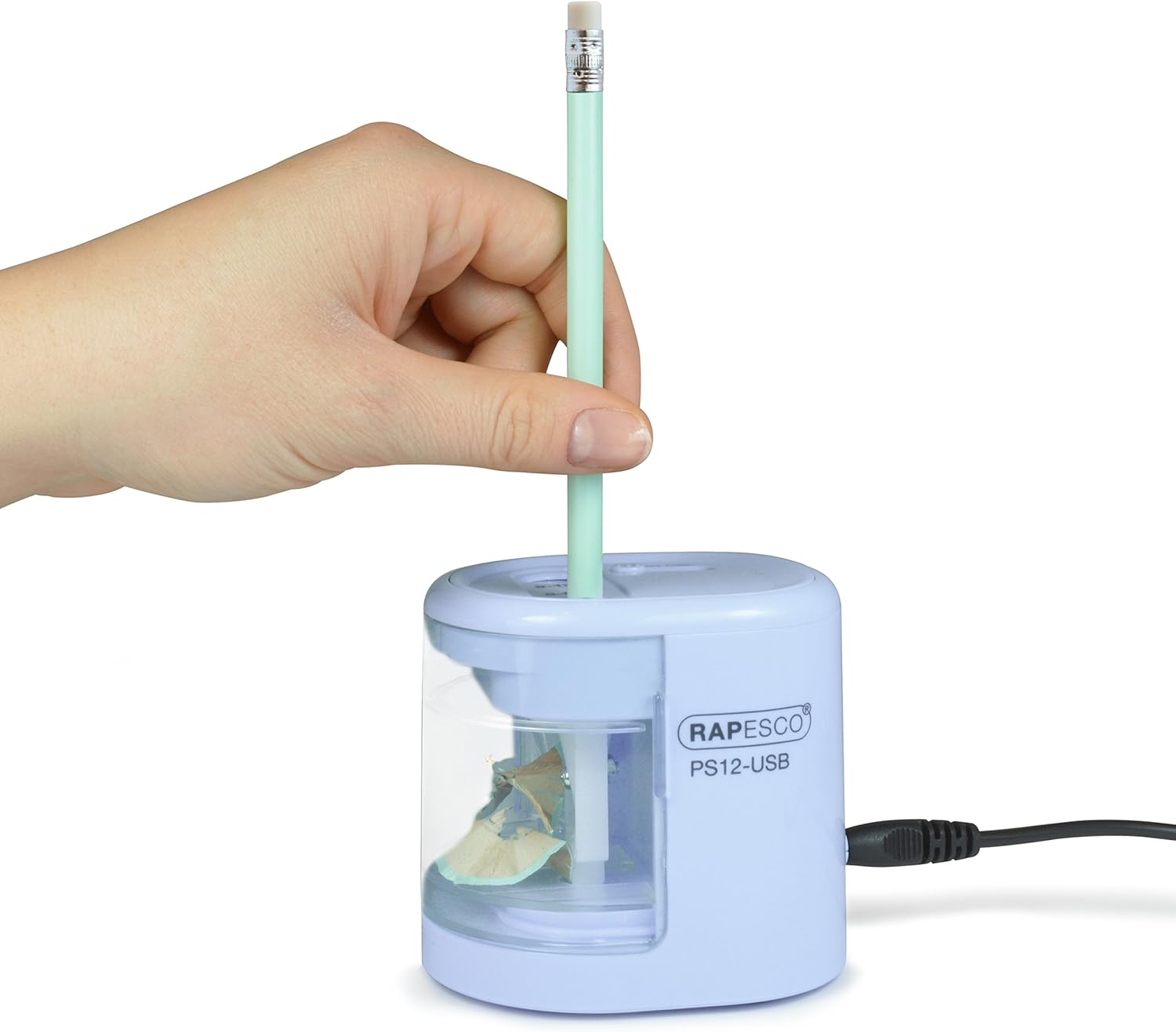 Rapesco 1447 PS12-USB electric pencil sharpener in blue with USB charging port and battery option, designed for precise sharpening.