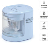 Rapesco 1447 PS12-USB electric pencil sharpener in blue with USB charging port and battery compartment, compact and modern design.