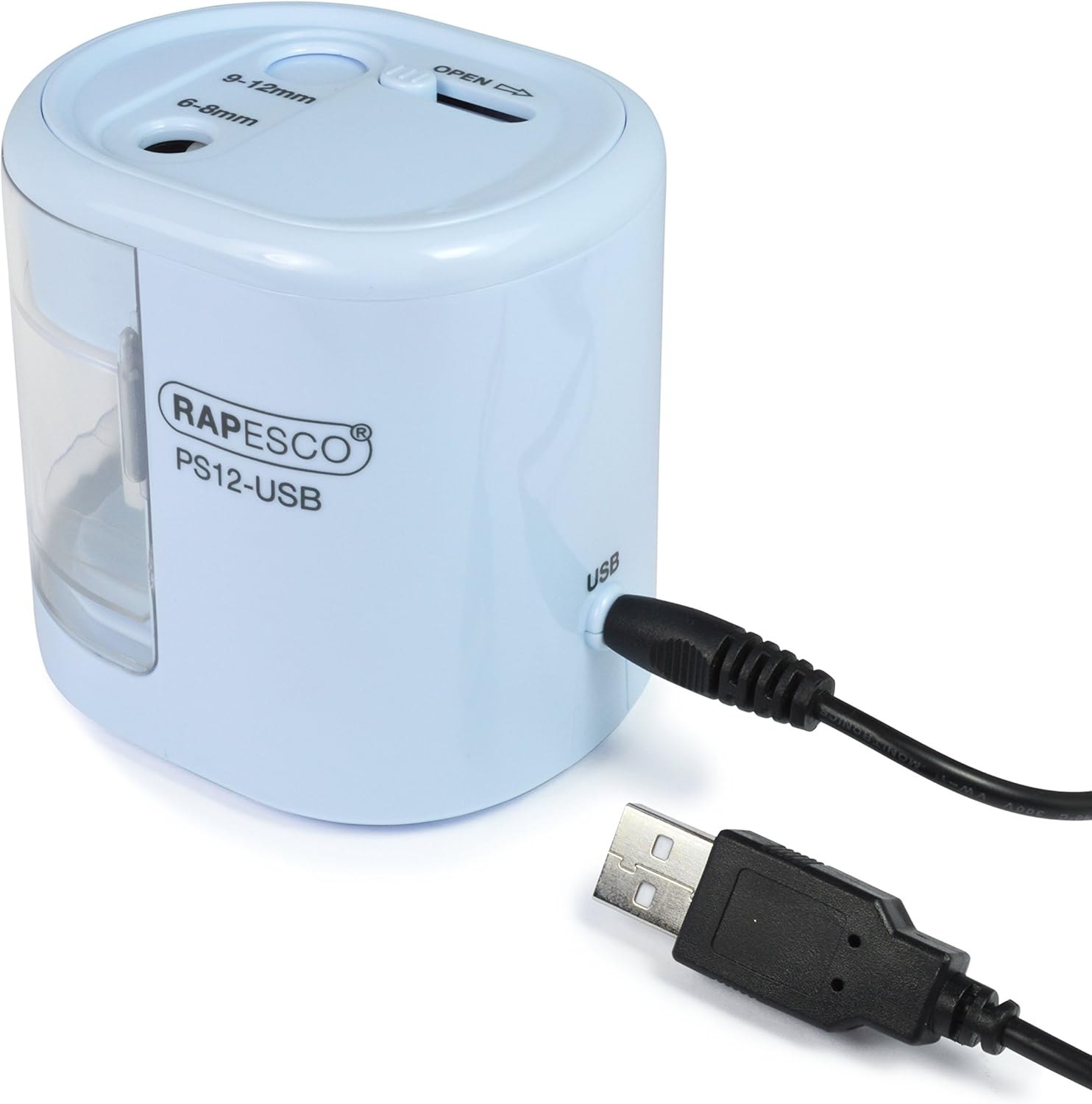 Rapesco 1447 PS12-USB electric pencil sharpener with blue body, USB charging port, and battery operation option.