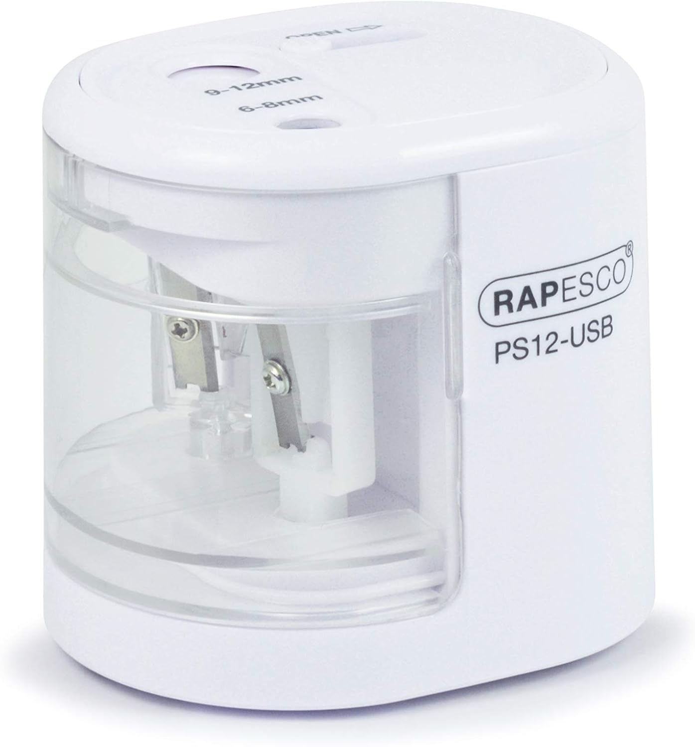 Rapesco 1448 PS12-USB electric pencil sharpener in white, with USB charging port and battery compartment, for precise sharpening.