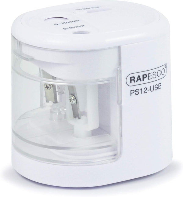 Rapesco 1448 PS12-USB electric pencil sharpener in white, with USB charging port and battery compartment, for precise sharpening.